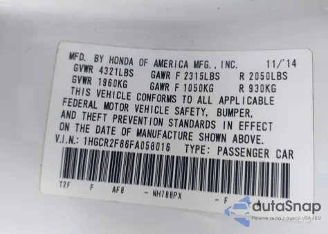 2015 Honda Accord Ex-L from USA, damaged, VIN 1HGCR2F86FA058016